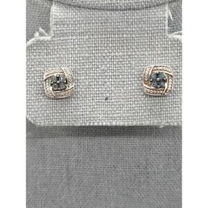 925 Sterling Silver Signed JWBR Blue Diamond Cushion Pierced Post Stud Earrings